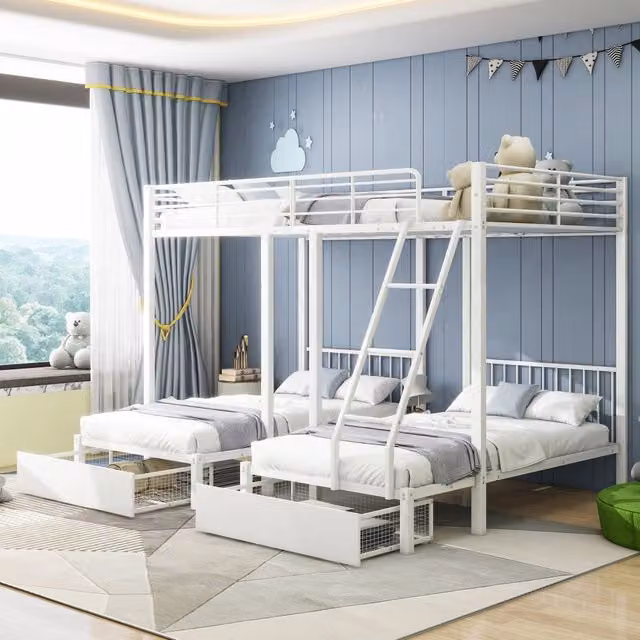 Letto a tre livelli in metallo bianco 140x200 cm; trasformabile in 3 letti separati con 2 cassetti