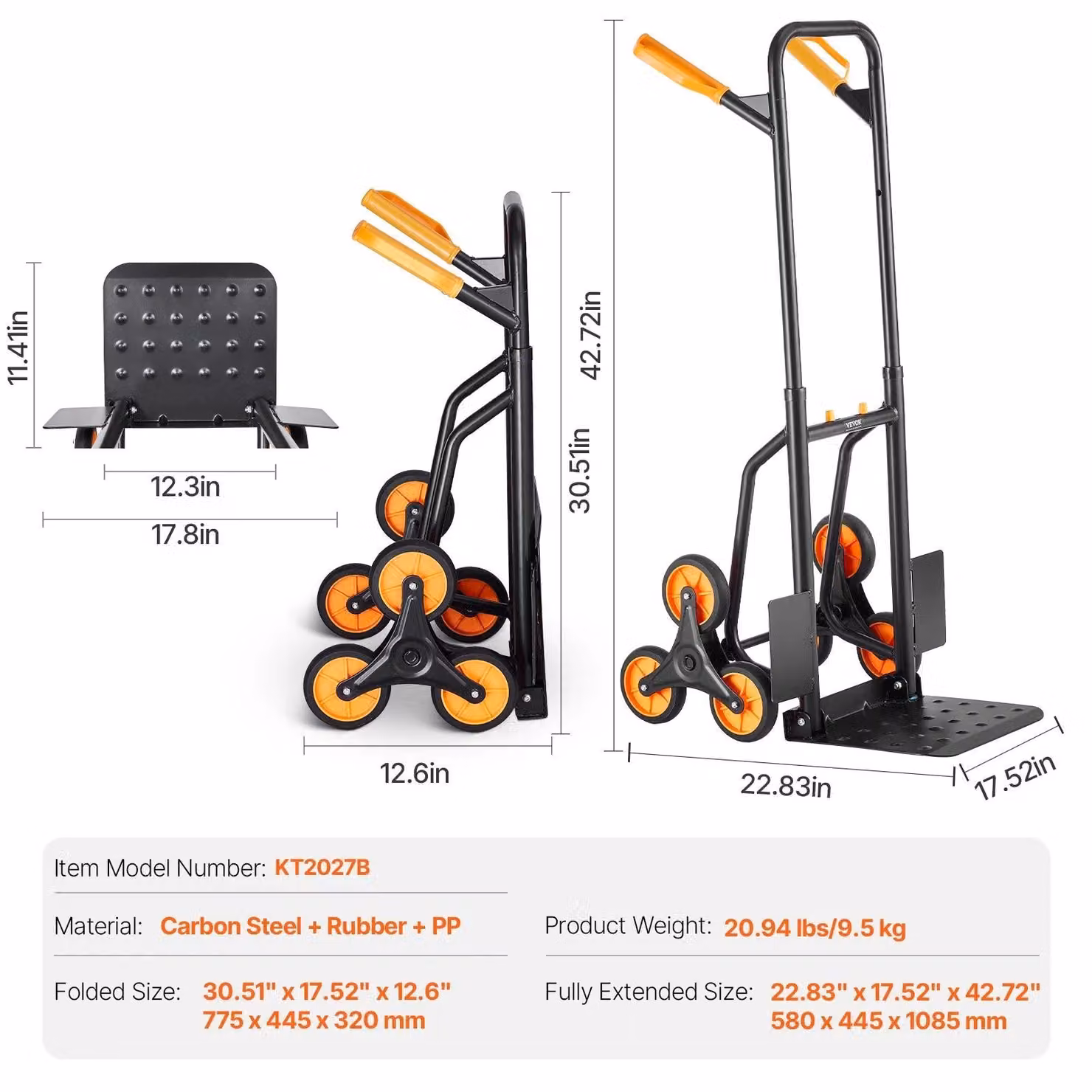 Carrello elevatore a spinta - Carrello per movimentazione carichi - Carrello per scale - Carrello trasportatore - Pieghevole - Capacità di carico: 440 libbre - Con funzione di salita scale