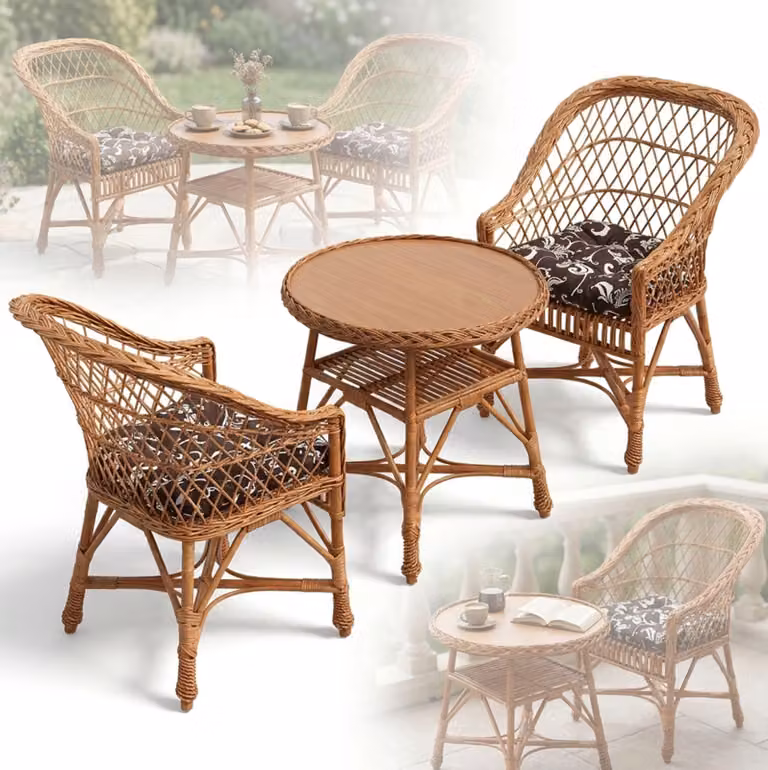 SET DI MOBILI IN VIMINI: 2 poltrone e un tavolino rotondo in stile boho naturale per il terrazzo
