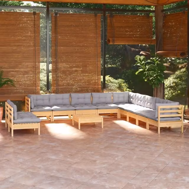 Set di Divani da Giardino vidaXL a Forma di L in Legno di Pino Massello con Cuscini Grigi, 12 Pezzi
