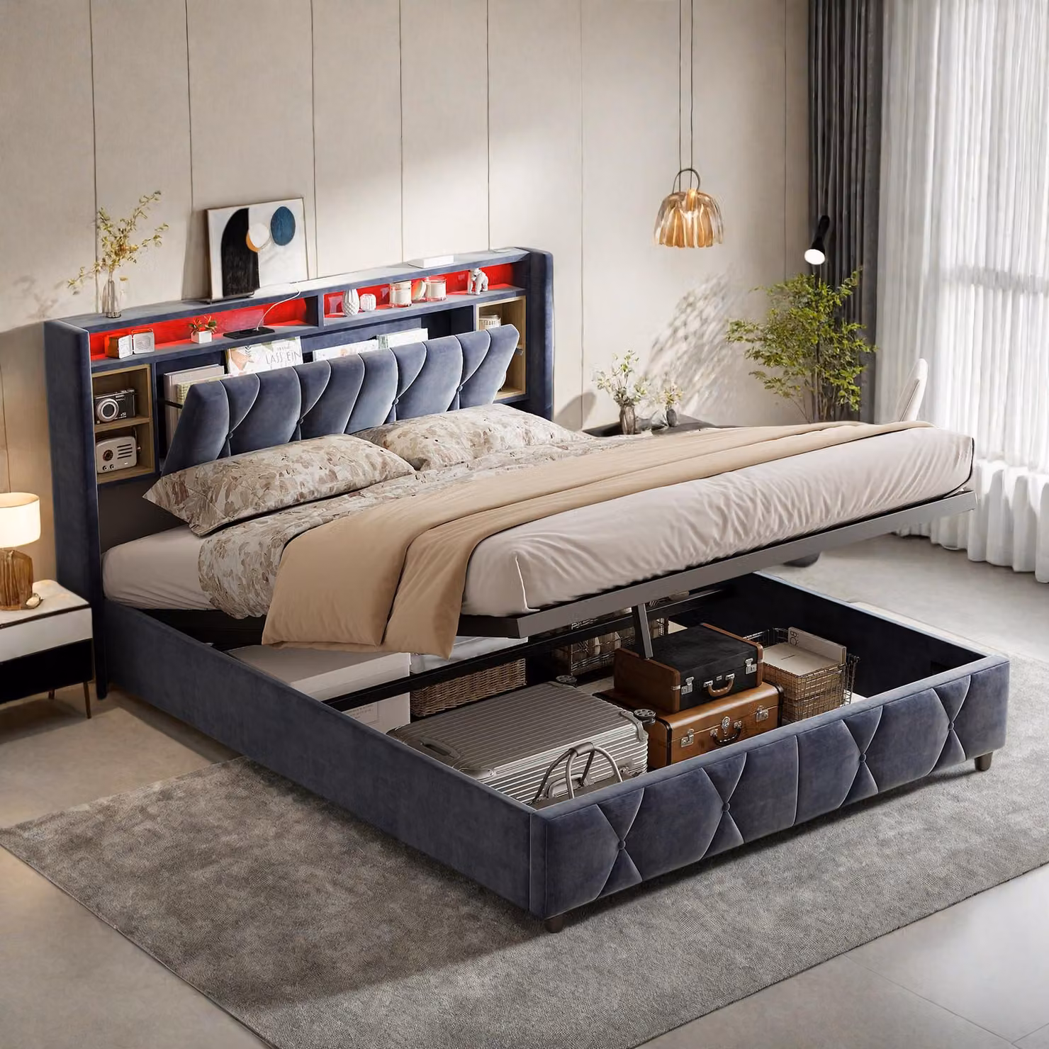 Letto imbottito Fortuna Lai 140x200 cm, LED, USB e Type-C, letto contenitore con rete a doghe, velluto, grigio