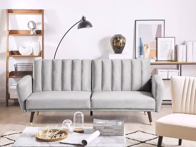 Divano Letto Click Clack Beliani in Velluto Grigio con Struttura in Legno di Gomma e Poggiatesta Regolabile per Soggiorno e Camera da Letto L: 212 cm, P: 80 cm, H: 90 cm – 1
