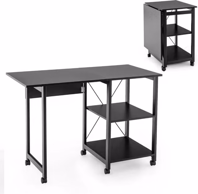 Scrivania per computer pieghevole con piano rettangolare e ruote, postazione di lavoro in stile industriale nero per ufficio o casa – 1