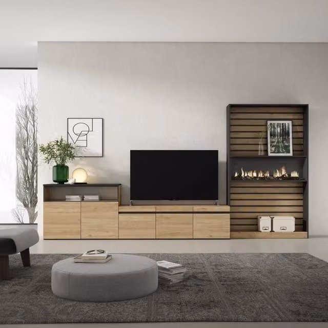 Mobile TV da soggiorno SKRAUT HOME con camino elettrico e illuminazione integrata, Rovere e nero, L/P/H: 360 x 35 x 186 cm – 1