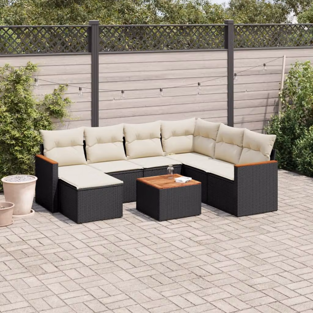 vidaXL Set Divani da Giardino a L con Cuscini 8 pz in Polyrattan Nero e Bianco con Tavolino e Ottoman – 1