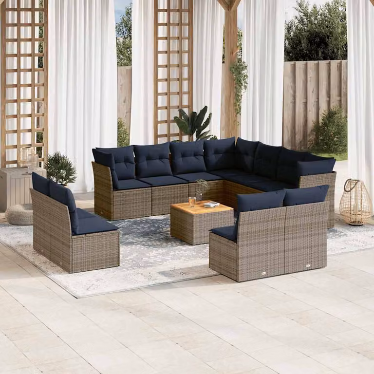 Set di divani da giardino vidaXL in polyrattan con cuscini grigi e blu e tavolino da caffè da 12 pezzi