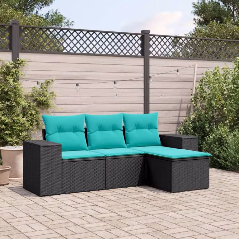 Set Divani da Giardino vidaXL 4 pz a Forma a L con Cuscini, Polyrattan e Struttura in Acciaio Verniciato a Polvere, Colore Nero, Blu o Turchese