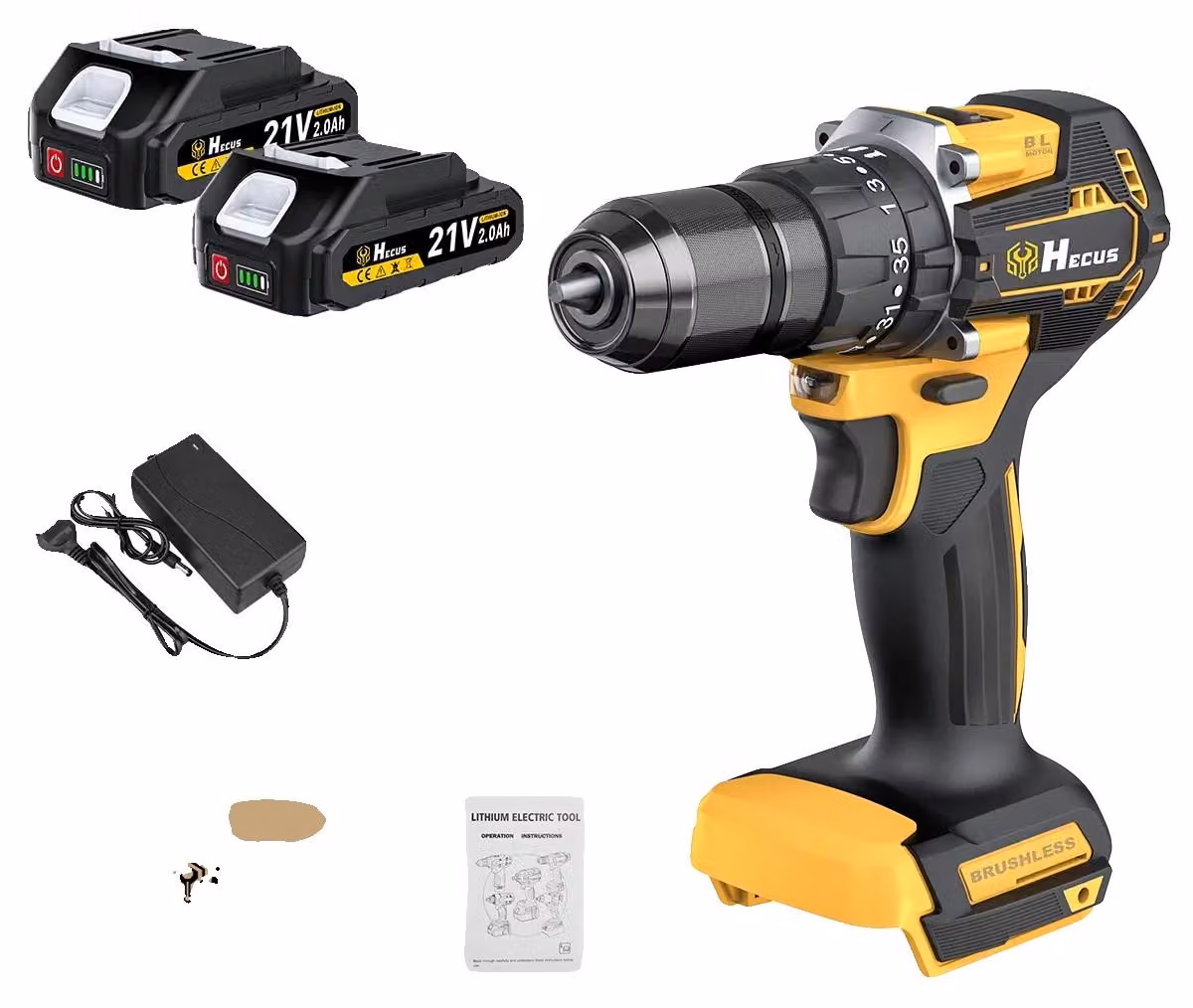 Trapano avvitatore a batteria, coppia di serraggio di 65 Nm, luce LED, 2 batterie, spina EU da 100V-240V