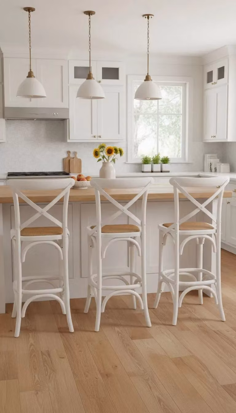 Sgabello Cross Bistrot Shabby Chic in Legno di Olmo Bianco con Seduta in Rattan Naturale Mobili 2G L/P/H: 50 x 55 x 116 cm – 1
