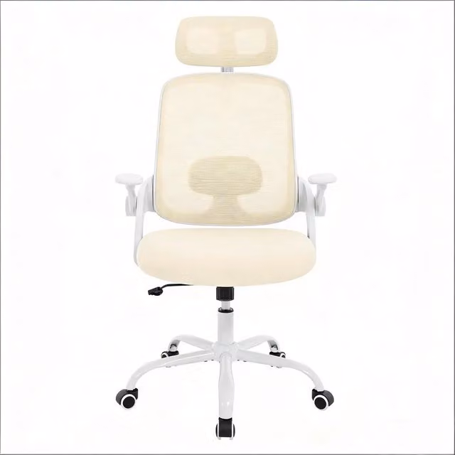 Sedia da ufficio ergonomica con schienale reclinabile, supporto lombare e braccioli 3D in rete e metallo beige