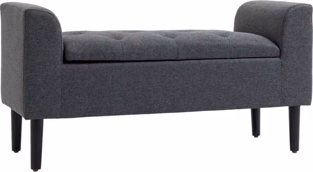 Panca contenitore imbottita con seduta apribile e braccioli, in poliestere effetto lino grigio scuro, 116 × 44 × 58 cm