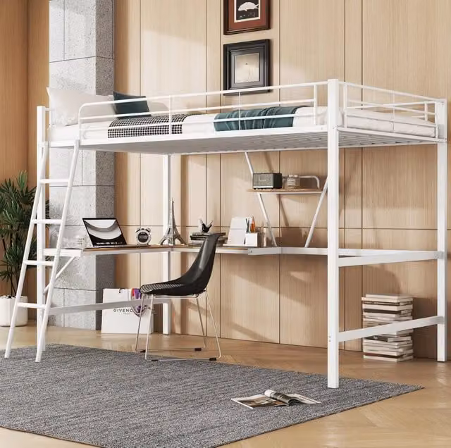 Letto a soppalco 90x200 cm con scrivania a L e scaffale in metallo bianco