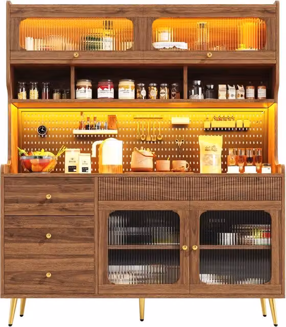 Credenza alta con illuminazione LED RGB; 145 x 39 x 171 cm; MDF e vetro scanalato; color noce; per cucina e soggiorno
