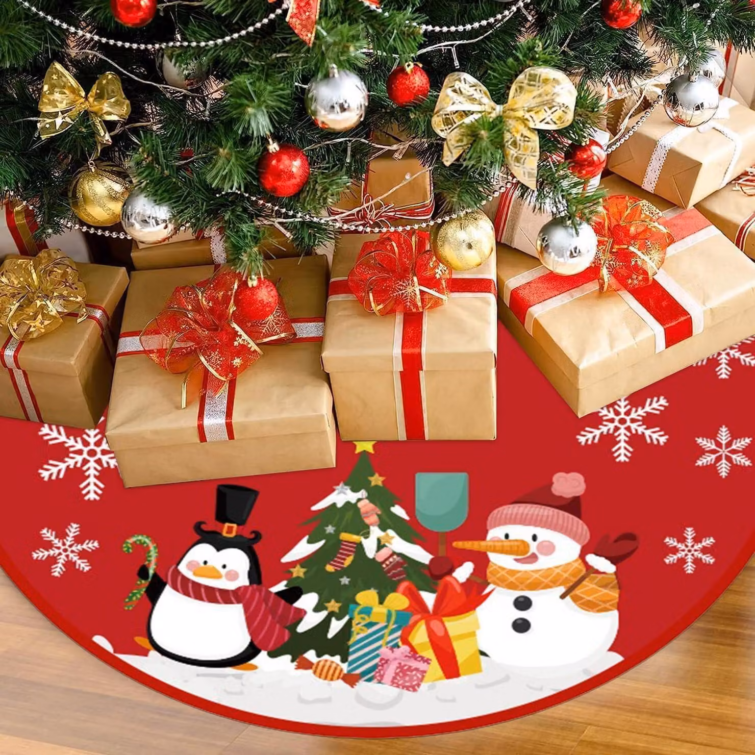 Copri albero di Natale, diametro 88 cm, rotondo, colore rosso, in poliestere