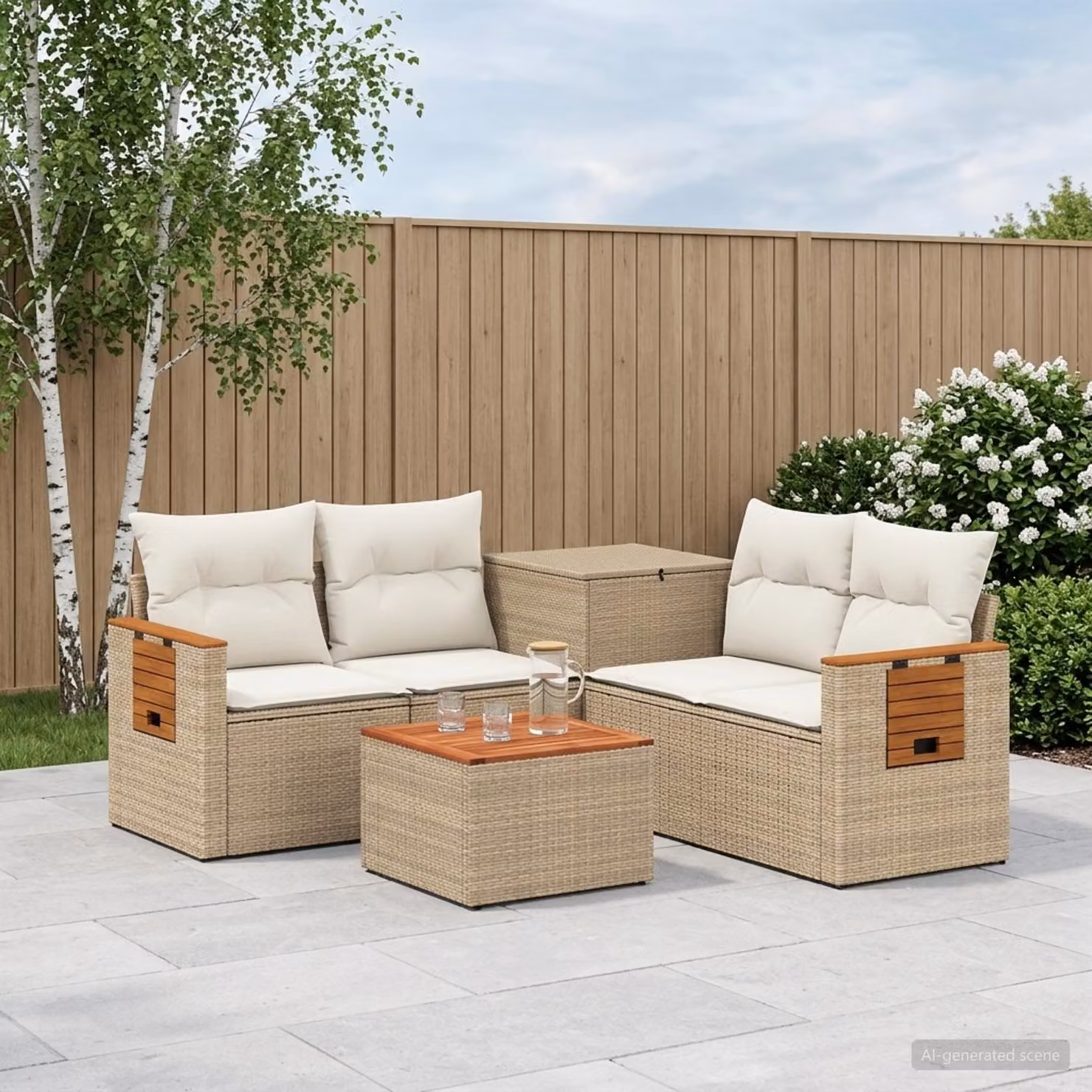 Set di divani da giardino a L vidaXL in polyrattan con tavolino e cuscini, Beige e Bianco Crema