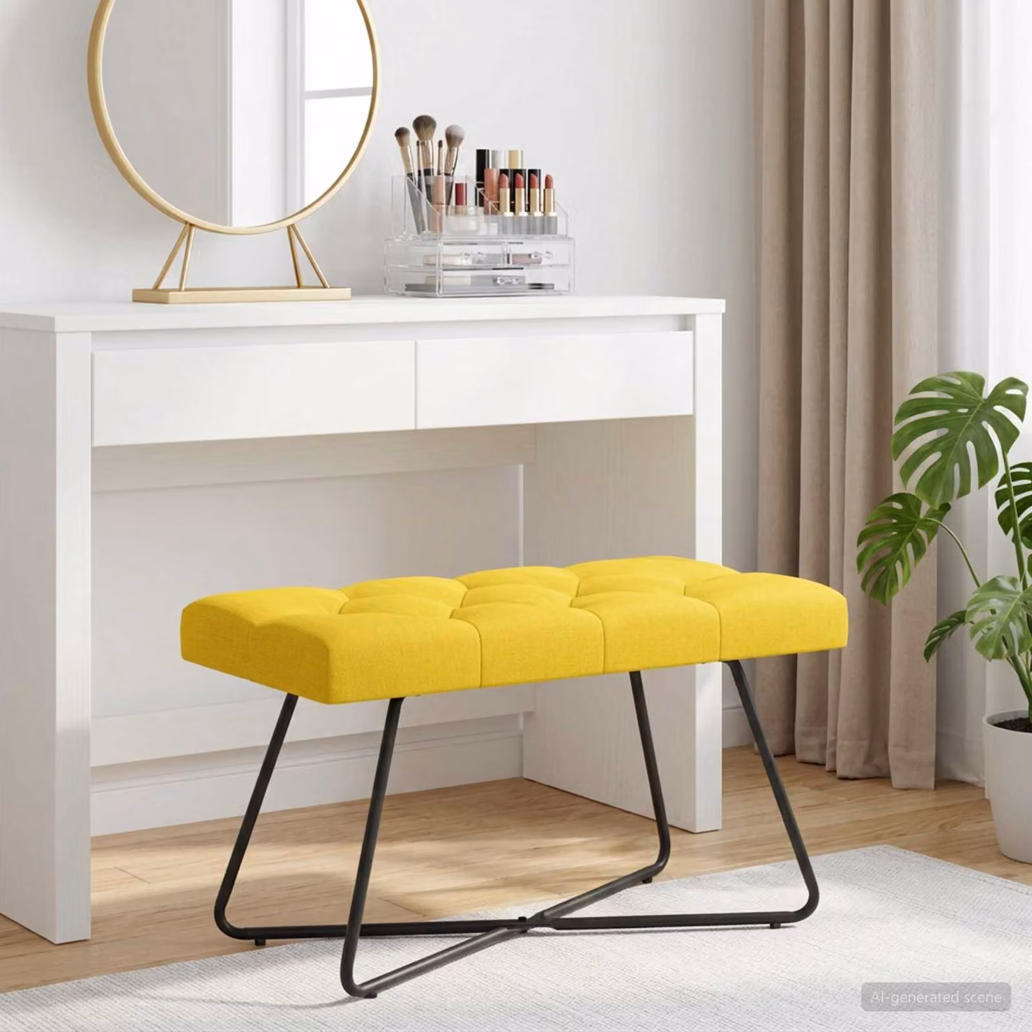 Panchina moderna vidaXL con bottoni imbottiti in tessuto giallo, L 80 x P 40 x H 46 cm