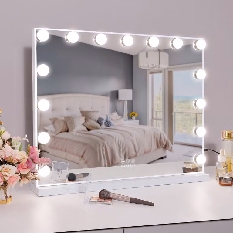 VANITII Hollywood specchio per il trucco 58cm x 46cm con illuminazione 15 luci dimmer 3 modalità di illuminazione specchio per il trucco per il bagno tavolo da toilette bianco