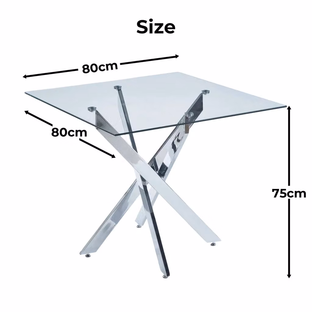 Tavolo da pranzo quadrato WISHDOR in vetro e metallo argento con design moderno e struttura a X – 2