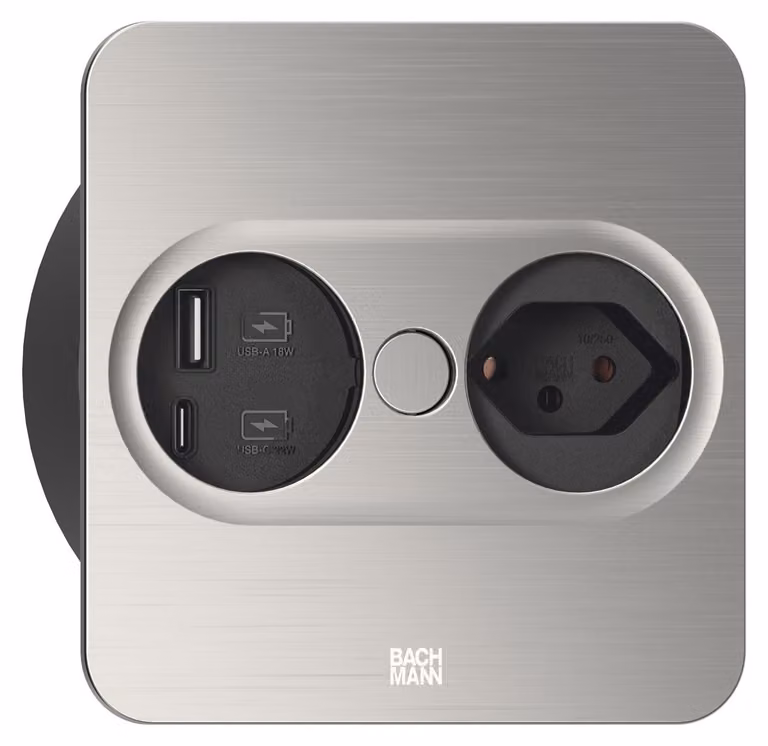 BACHMANN TWIST2, 1 presa, 1 porta USB A/C, 22W, lunghezza 2,0 metri, finitura acciaio inossidabile, design squadrato