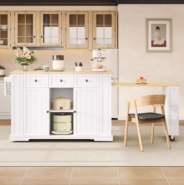 Isola cucina mobile con tavolo estraibile e ripiani regolabili, 138(213)x55x93 cm, 7 ruote, MDF, colore naturale
