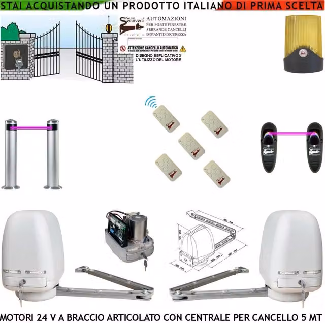 Automazione Cancello Kit Motori Braccio Articolato 24 V 2 Ante da 0,5 a 2,5 MT Centrale 220/24 V Faro Selettore 2 Fotocellule 2 Paline 5 Radiocomandi