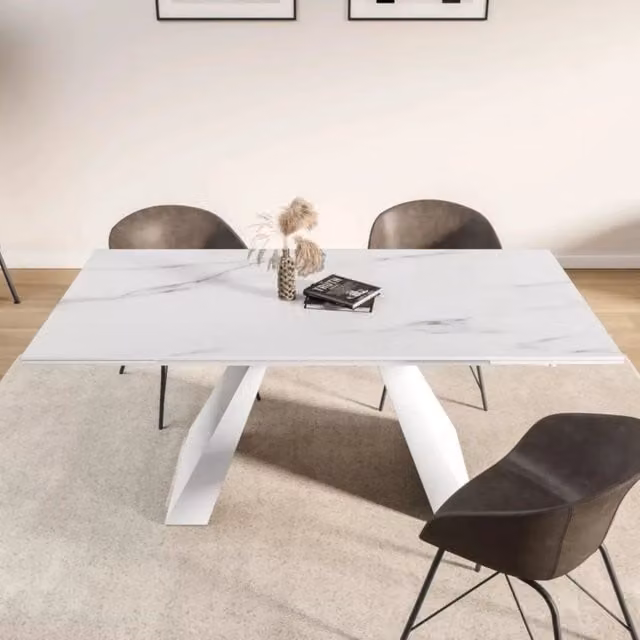 Tavolo PRISMA Allungabile Bianco con Venature Effetto Marmo e Gambe Bianche