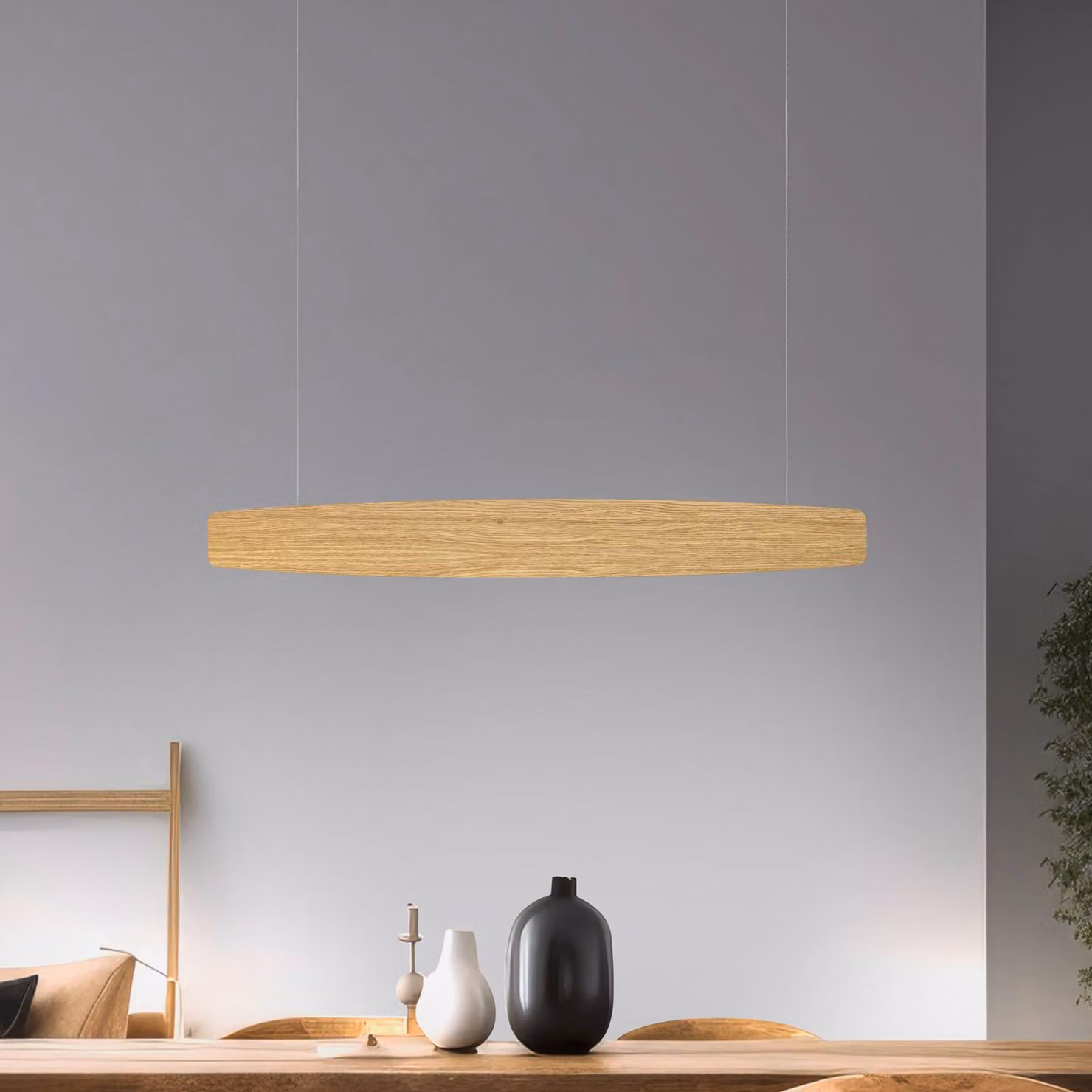 Lampada a sospensione Quitani LED Persida, lunghezza 98 cm, rovere, 2.700 K Persida Quitani, dimmerabile, Legno chiaro, Soggiorno / Sala da pranzo, Legno, Campagna / Rustiche