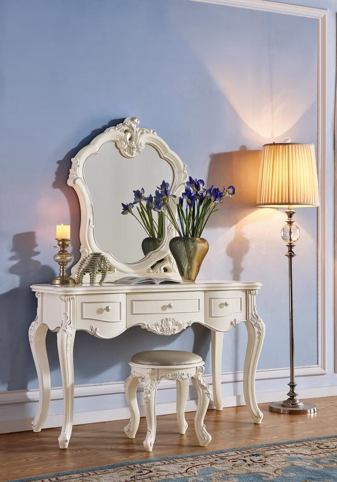 Schminktisch mit Spiegel Luxus Konsole Echtholz Schlafzimmer Barock Rokoko