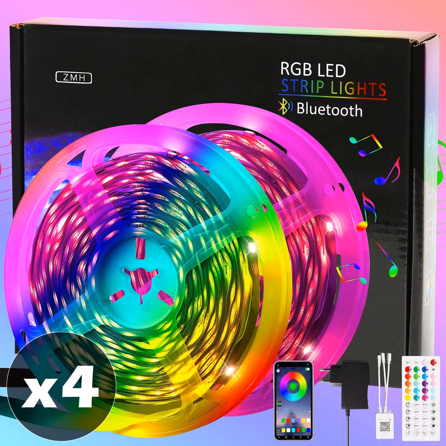 ZMH LED Smart Strip 4ER RGB: 16 milioni di combinazioni di colori con app di controllo remoto, ideale per feste in casa, decorazioni TV e sensibilità regolabile