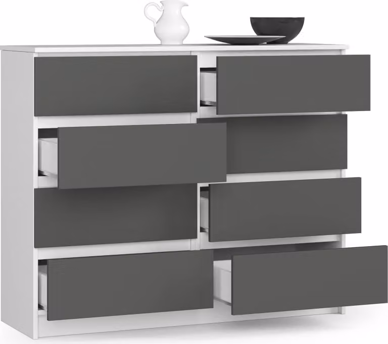 BDW, cassettiera con 8 cassetti, 120x99x40 cm, molto spazio, bianco - grigio