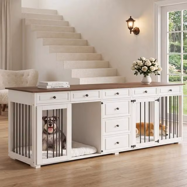 Gabbia per cani in legno e metallo, mobile TV con chiusure, per 2 cani piccoli/medi, noce e bianco, 200x60x85 cm
