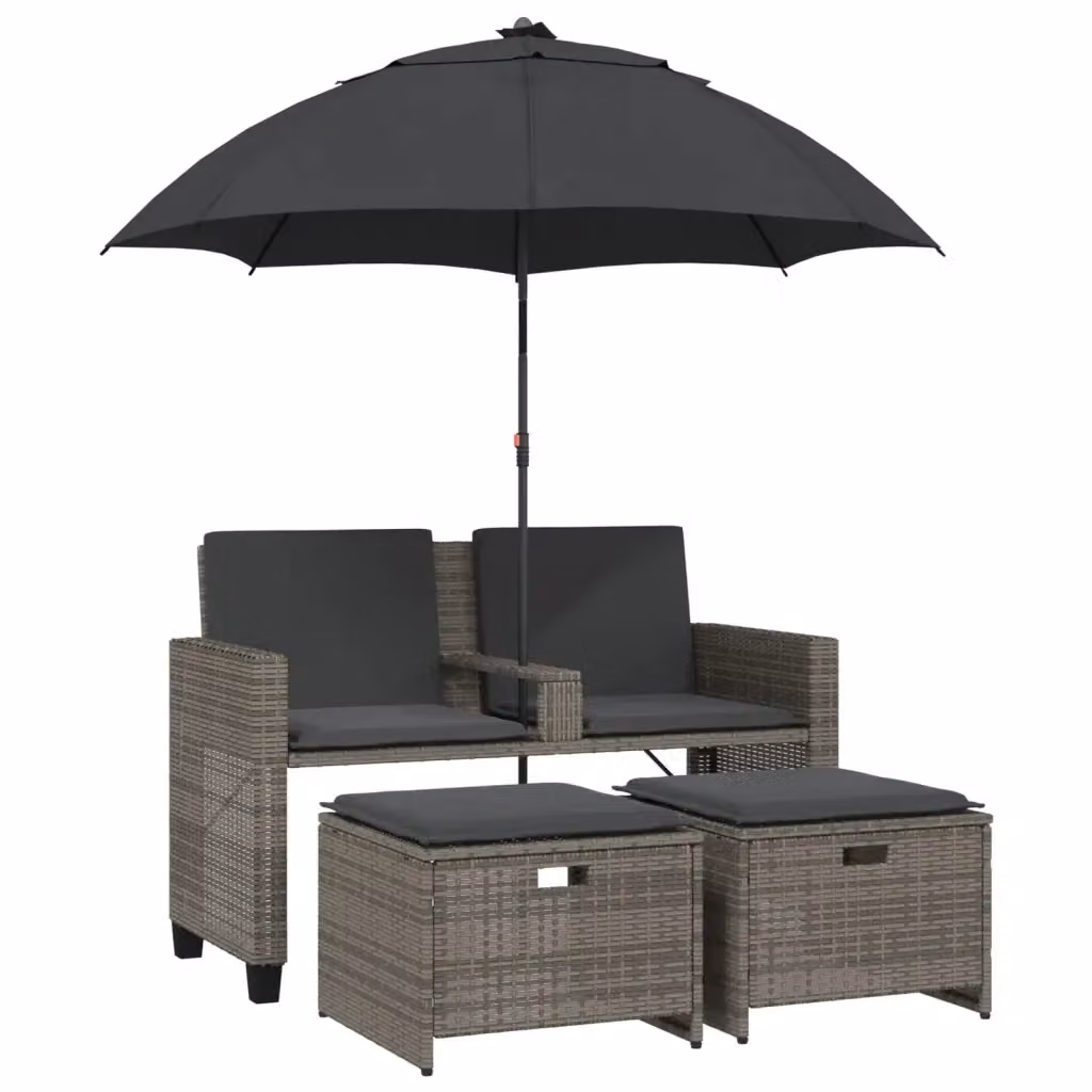 Set da giardino vidaXL con divano a 2 posti, sgabello e cuscini in rattan grigio e nero con struttura in acciaio verniciato a polvere, L/P/H: 120 x 60 x 80 cm – 2