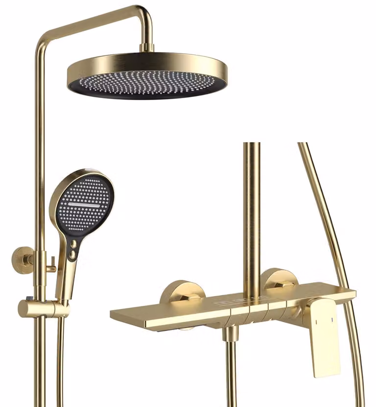 Set doccia a parete da 32,5 cm, soffione, doccetta manuale con 4 funzioni, regolabile in altezza, finitura oro