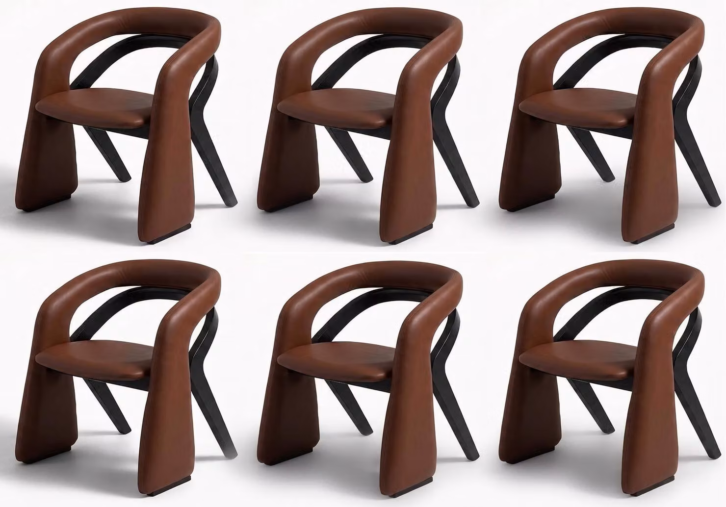 Gruppo di sedie, colore marrone, con struttura in legno, imbottitura in pelle, design moderno ed elegante, dal forte impatto visivo