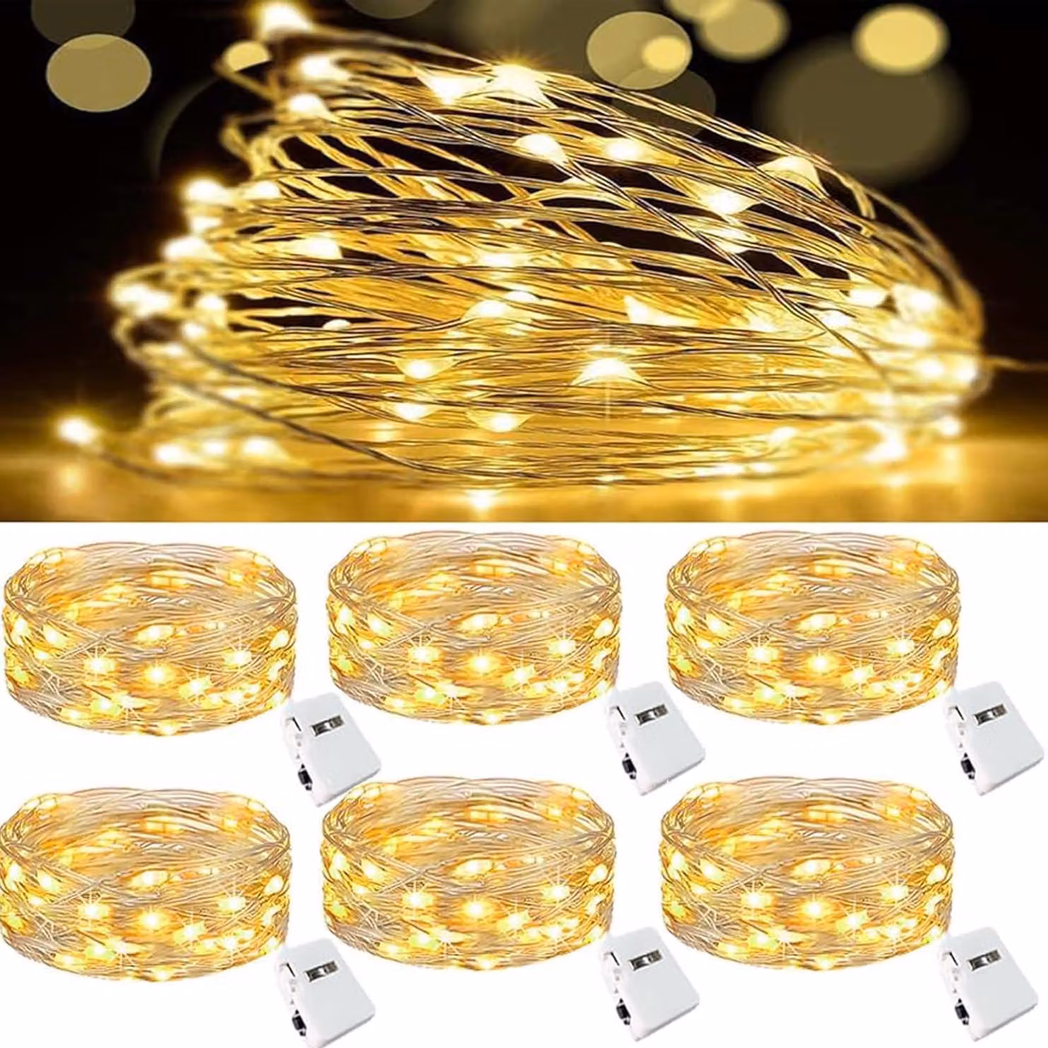 Catena luminosa a LED mini, set da 6, ciascuna lunga 2 metri, luce bianco caldo, alimentazione a batteria
