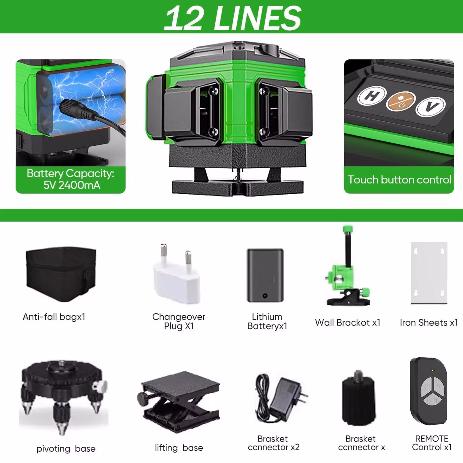 Livella laser - 12 linee - 4D - Raggio laser verde - Autolivellante - 360° orizzontale e verticale - Batteria inclusa