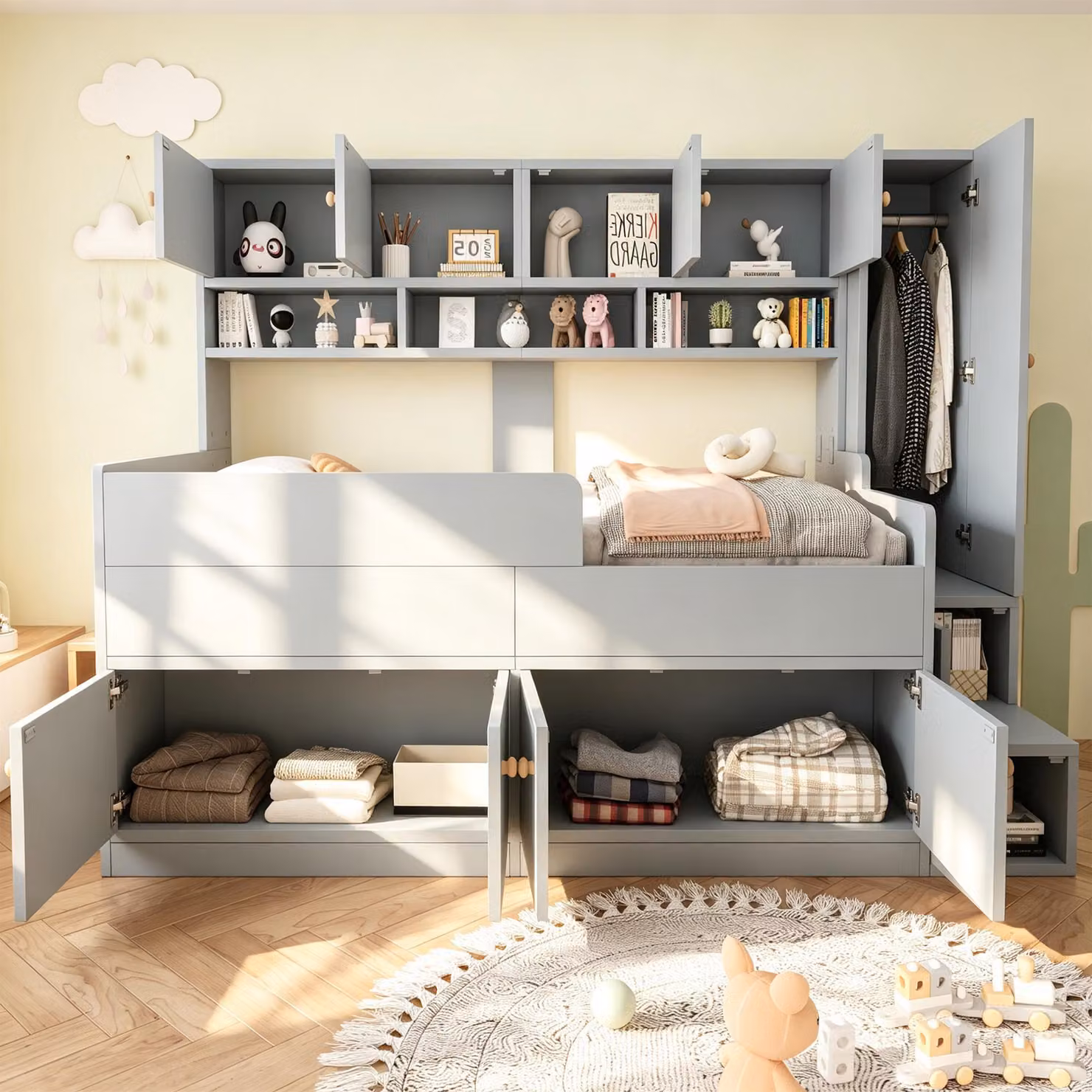 Letto imbottito 160x200 cm con spazio contenitore, struttura del letto con rete a listelli, illuminazione LED controllabile tramite app e telecomando, 3 porte USB e una porta USB-C, rivestimento in lino color beige