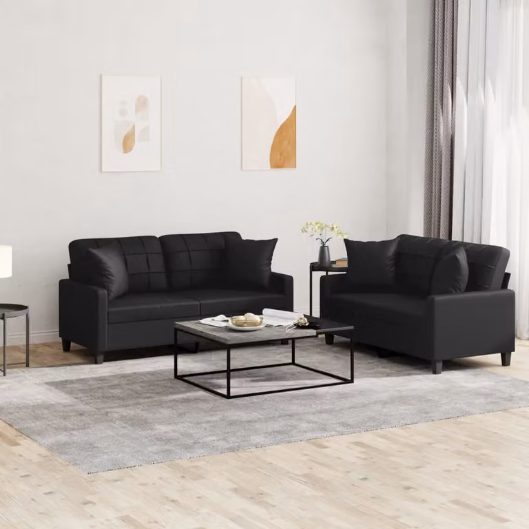 Set di divani 2 pezzi vidaXL in similpelle nera con cuscini per soggiorno moderno