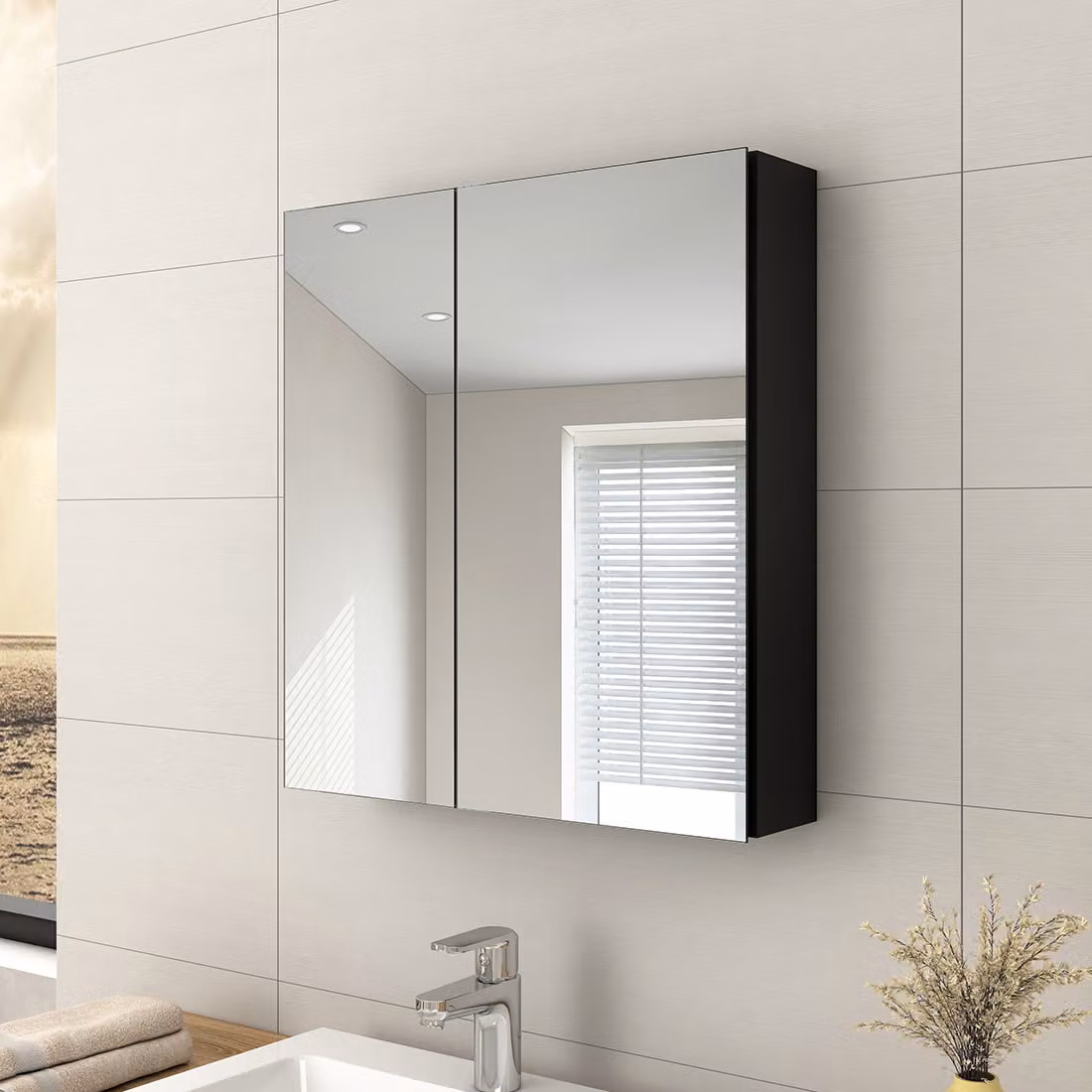 EMKE, mobiletto da bagno con specchio, 60x65 cm, colore nero, dotato di specchio su entrambi i lati