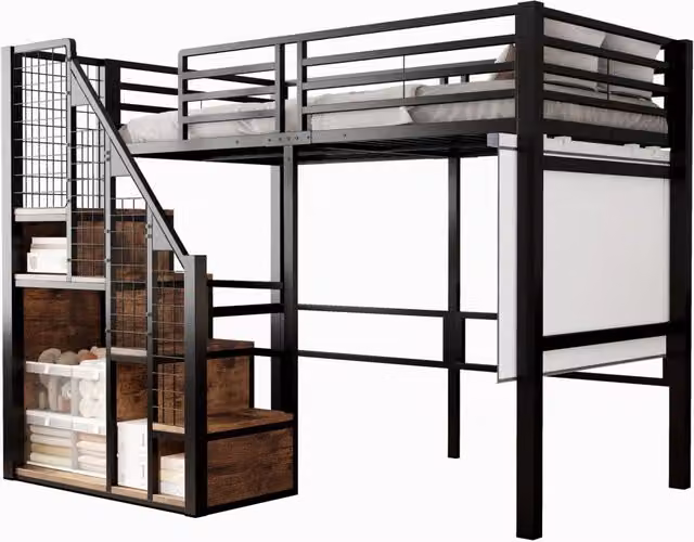 Letto Singolo a Soppalco con Scala di Sicurezza 90x200 cm in Ferro Nero con Area Ripostiglio per Ragazzi e Bambini