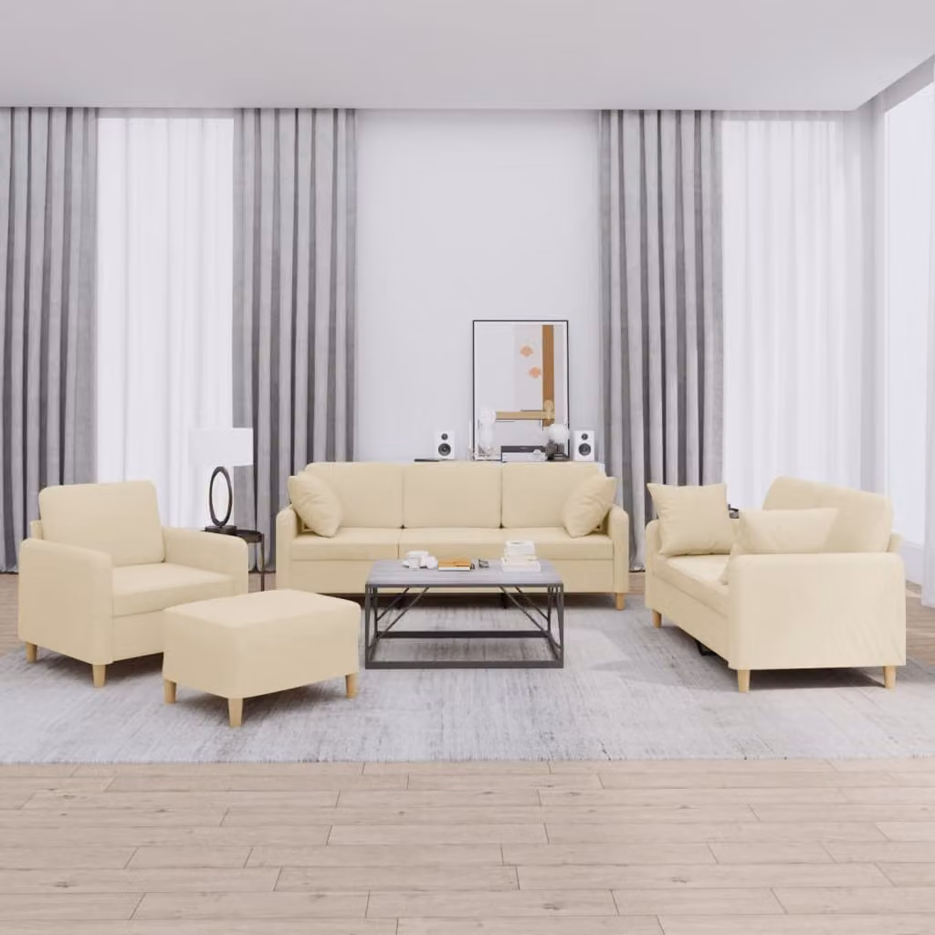 Set di divani vidaXL 4 pezzi in tessuto beige con cuscini e pouf per soggiorno