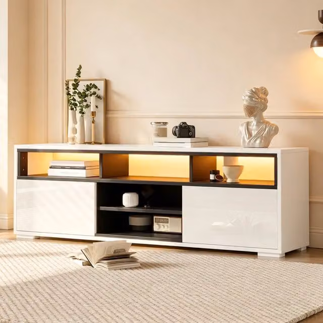 Mobile TV moderno SINGULARTY in MDF lucido con illuminazione LED integrata, bianco e nero, L/P/H: 150 x 35 x 50 cm – 1