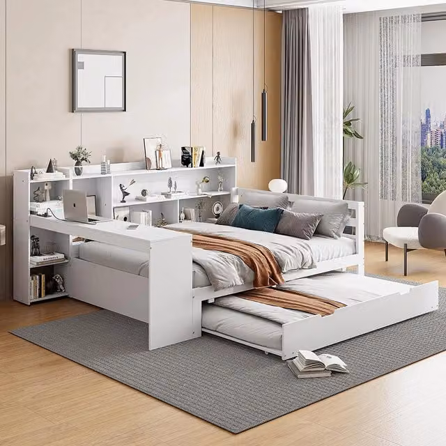 Divano letto-Xylo-140x200 cm-scrivania, scaffali, prese, legno bianco