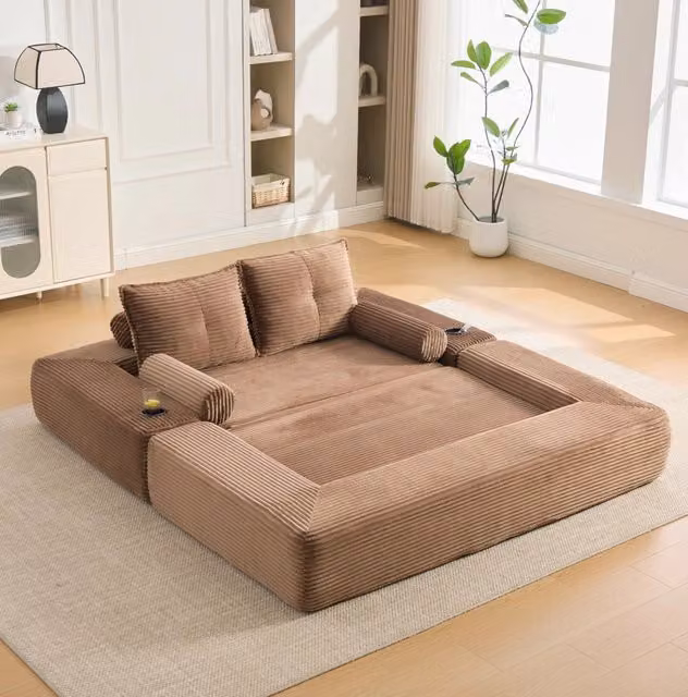 Divano letto 180x98x80 cm marrone con portabicchieri, tessuto a coste