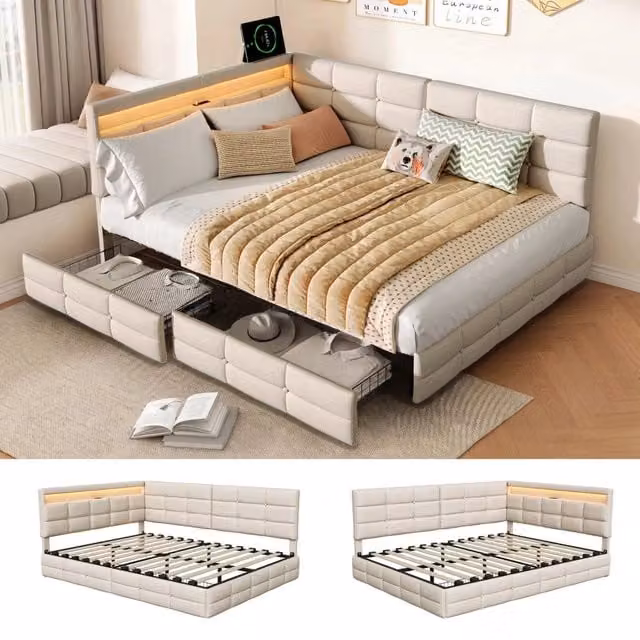 Divano letto matrimoniale 140x190 cm con 2 cassetti; letto imbottito con luce LED e USB; testiera in lino beige; letto a forma di L per ragazzi