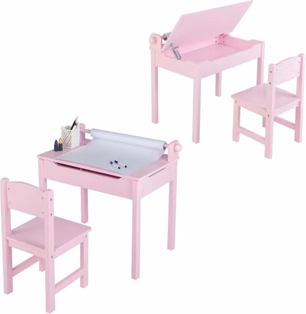 Set di tavolino e sedia Design Mania per bambini in legno di pino rosa con vano portaoggetti e piano inclinabile