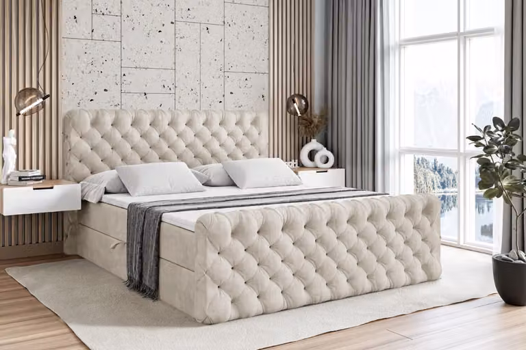 Letto boxspring ALTDECOR con pediera, materasso H4 e topper - 160x200 cm - BOXI8-Z - Velluto color taupe - Letto imbottito con contenitore e rete a doghe, letto con spazio contenitivo