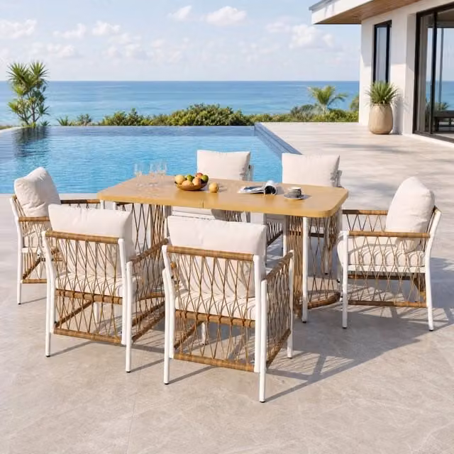 Set da giardino moderno con tavolo lungo e 6 sedie in rattan color crema e struttura in ferro bianco