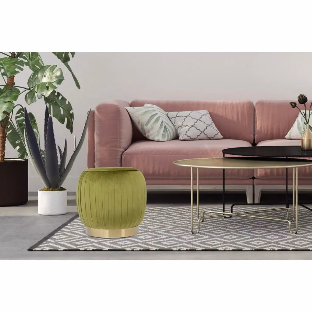 Pouf contenitore cilindrico Lyla di KENDRA HOME in velluto verde con dettagli oro – 2