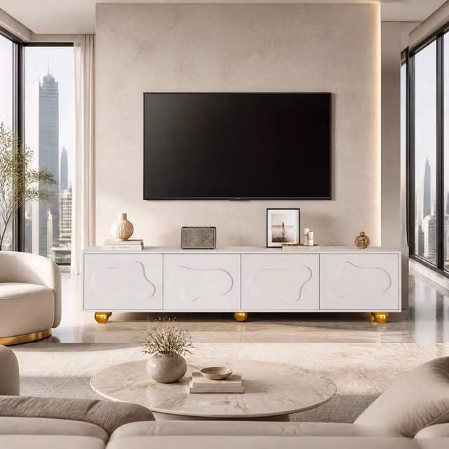 Mobile TV 4 ante a forma di nuvola con 5 piedini sferici in truciolare bianco per TV fino a 75 pollici 180 × 40 × 45 cm